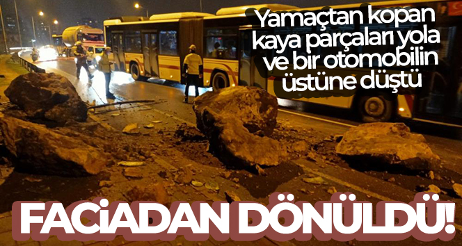 İzmir’de yamaçtan kopan kaya parçaları yola ve bir otomobilin üstüne düştü