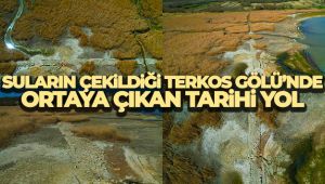 Suların çekildiği Terkos Gölü’nde ortaya çıkan tarihi yol havadan görüntülendi